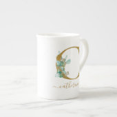 Tasse En Porcelaine Eucalyptus Verdure Aquarelle Or Monogramme C (Devant droit)