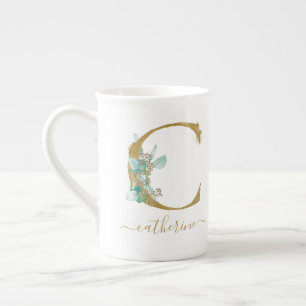 Tasse En Porcelaine Eucalyptus Verdure Aquarelle Or Monogramme C