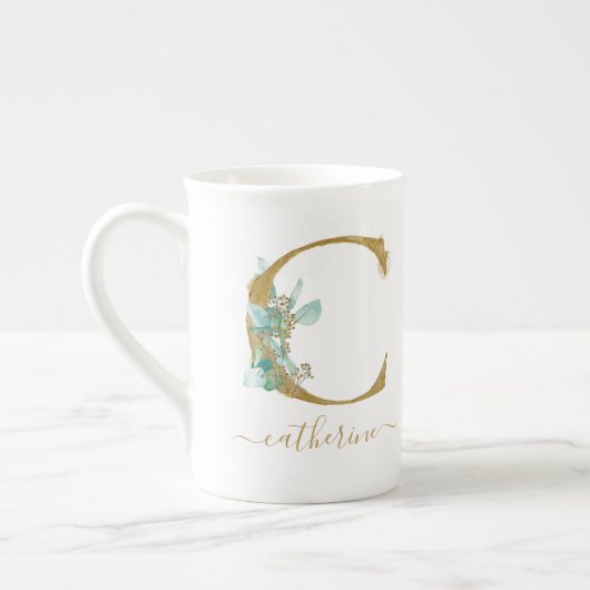 Tasse En Porcelaine Eucalyptus Verdure Aquarelle Or Monogramme C (Gauche)