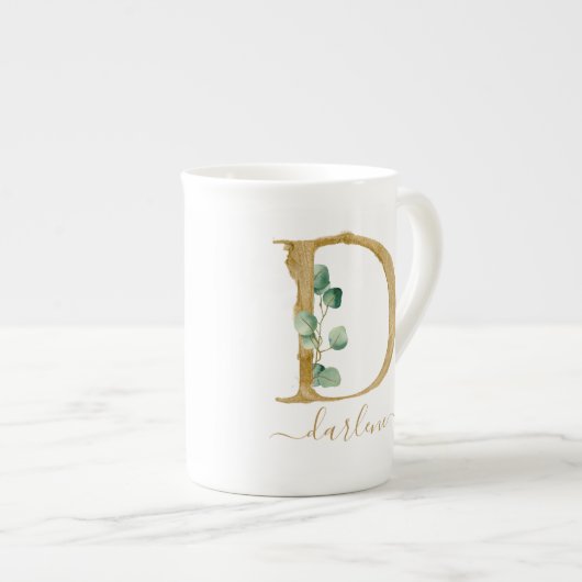 Tasse En Porcelaine Eucalyptus Verdure Aquarelle Or Monogramme D (Devant droit)