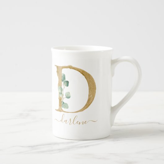 Tasse En Porcelaine Eucalyptus Verdure Aquarelle Or Monogramme D (Droite)