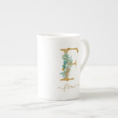 Tasse En Porcelaine Eucalyptus Verdure Aquarelle Or Monogramme F (Devant droit)