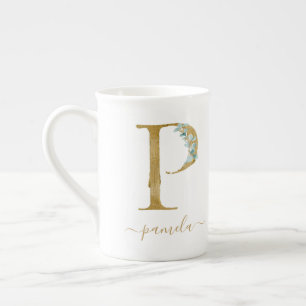 Tasse En Porcelaine Eucalyptus Verdure Aquarelle Or Monogramme P