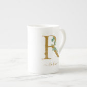 Tasse En Porcelaine Eucalyptus Verdure Aquarelle Or Monogramme R (Devant droit)