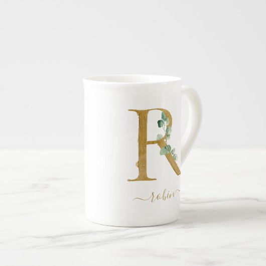 Tasse En Porcelaine Eucalyptus Verdure Aquarelle Or Monogramme R (Devant droit)