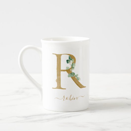 Tasse En Porcelaine Eucalyptus Verdure Aquarelle Or Monogramme R (Gauche)