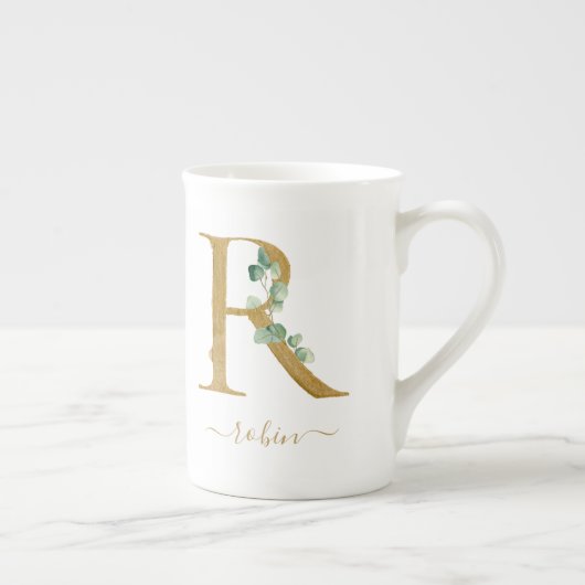 Tasse En Porcelaine Eucalyptus Verdure Aquarelle Or Monogramme R (Droite)