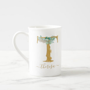 Tasse En Porcelaine Eucalyptus Verdure Aquarelle Or Monogramme T