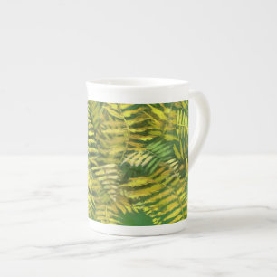 Tasse En Porcelaine Ferne, frondes, fleuris, vert jaune doré vert