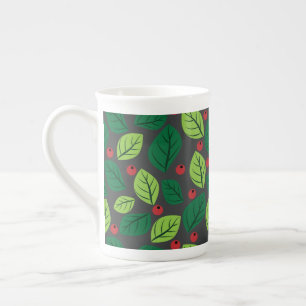 Tasse En Porcelaine Feuilles Vertes, Baies Rouges, Motif De Feuilles