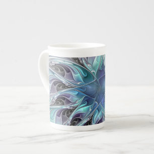 Tasse En Porcelaine Fleur de fractale moderne abstraite avec du bleu