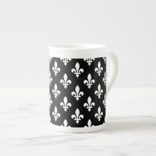 Tasse En Porcelaine Fleur de Lis Motif, Royal French, Blanc sur Noir