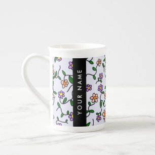 Tasse En Porcelaine Fleurs Colorées, Fond Bleu, Noir