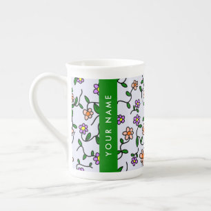 Tasse En Porcelaine Fleurs Colorées, Fond Bleu, Vert