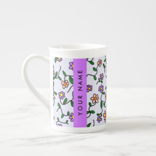 Tasse En Porcelaine Fleurs Colorées, Fond Bleu, Violet