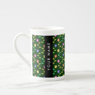 Tasse En Porcelaine Fleurs Colorées, Fond Vert, Noir