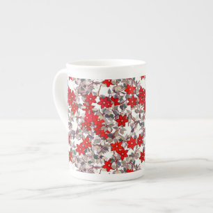 Tasse En Porcelaine Fleurs rouges et feuilles gris argent