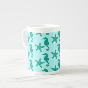 Tasse En Porcelaine Hippocampe et poisson étoile - turquoise et aqua