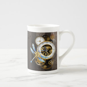 Tasse En Porcelaine Horloge Steampunk avec Libellule Mécanique