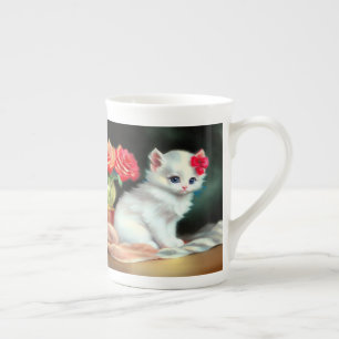 Tasse En Porcelaine Illustration vintage de Kitten blanc avec fleurs r