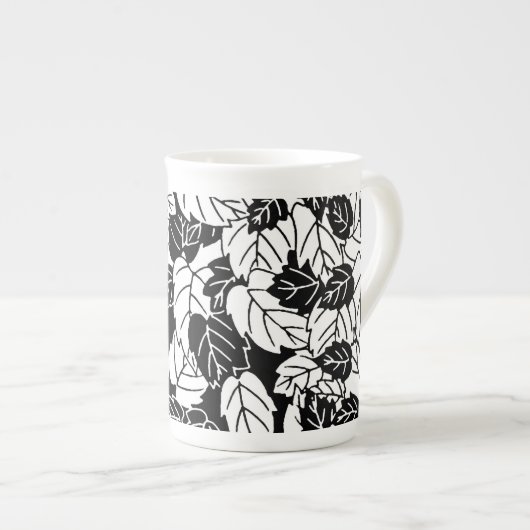 Tasse En Porcelaine Impression feuille japonaise, noir et blanc (Devant droit)
