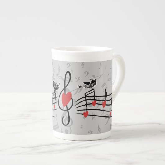 Tasse En Porcelaine Inséparables de musique sur Grey Notes musicales (Devant droit)