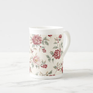 Tasse En Porcelaine Jolie Florale Rouge Crème Chic