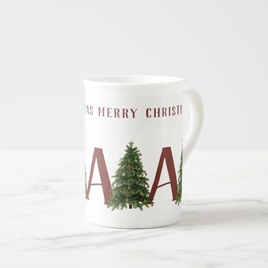 Tasse En Porcelaine Joyeux Noël Arbre Monogramme Festive Festive (Devant droit)