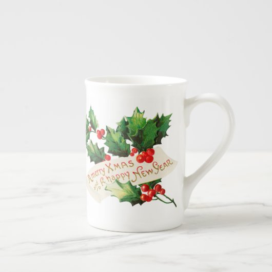 Tasse En Porcelaine Joyeux Noël et Joyeux Nouvel An Holly  (Droite)