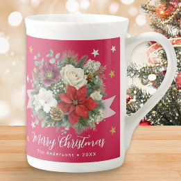 Tasse En Porcelaine Joyeux Noël Nom de Famille Rouge Floral