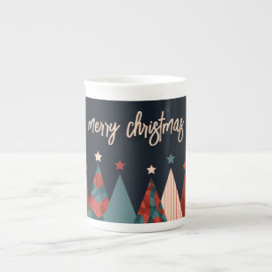 Tasse En Porcelaine Joyeux Noël rouge et bleu xmas arbres et étoiles