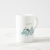 Tasse En Porcelaine Joyeux Noël ! Snowman avec chat et chiot (Devant droit)