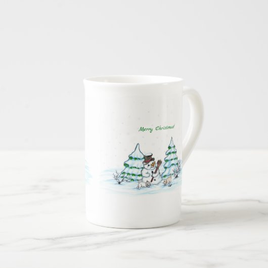 Tasse En Porcelaine Joyeux Noël ! Snowman avec chat et chiot (Devant droit)