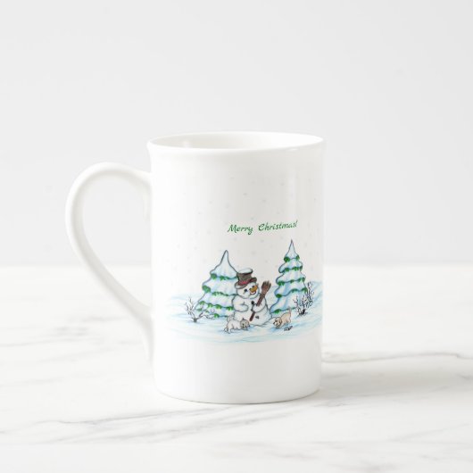 Tasse En Porcelaine Joyeux Noël ! Snowman avec chat et chiot (Gauche)