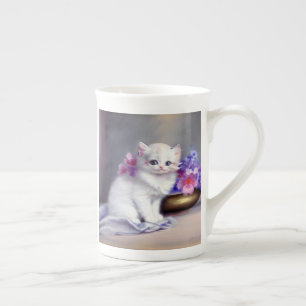 Tasse En Porcelaine Kitten blanc vintage aux fleurs roses et violettes