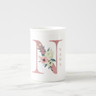 Tasse En Porcelaine Lettre N Fleur Nana Rose Paillettes Brillantes