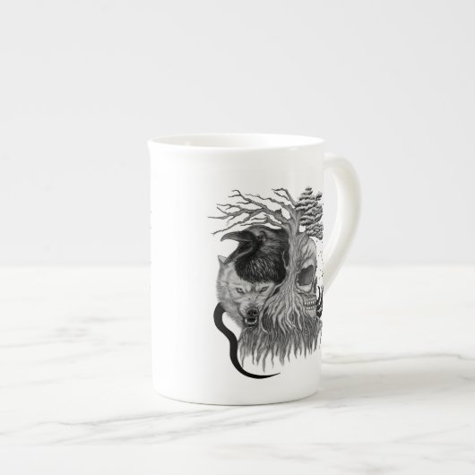 Tasse En Porcelaine Loup et corbeau avec crâne (Devant droit)