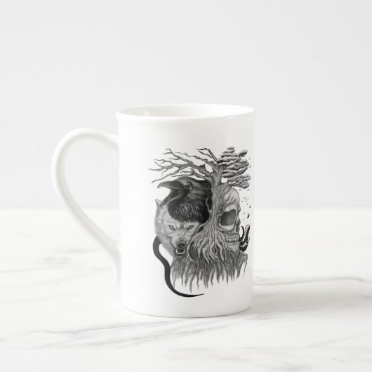 Tasse En Porcelaine Loup et corbeau avec crâne (Gauche)