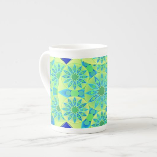 Tasse En Porcelaine Mandala motif, turquoise, bleu, vert citron (Devant gauche)