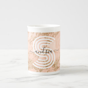 Tasse En Porcelaine Marbre Pailleté Rose Gold, Nom en Écriture Monogra