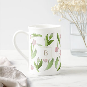 Tasse En Porcelaine Monogramme de fleur de tulipe rose moderne