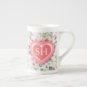 Tasse En Porcelaine Monogramme de motif aquarelle de fleurs printanièr