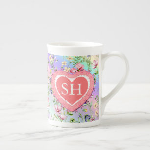 Tasse En Porcelaine Monogramme de motif aquarelle de fleurs printanièr