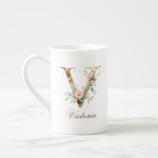 Tasse En Porcelaine Monogramme Floral Or Initiale V en Or Personnalisé