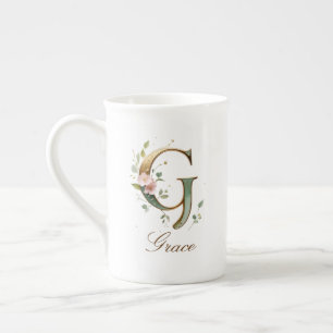 Tasse En Porcelaine Monogramme floral personnalisé en or initiale G