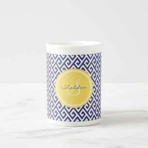 Tasse En Porcelaine Monogramme géométrique principal grec bleu chic 