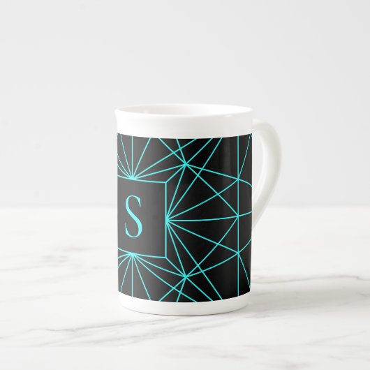 Tasse En Porcelaine Monogramme initial | Design géométrique turquoise (Devant droit)