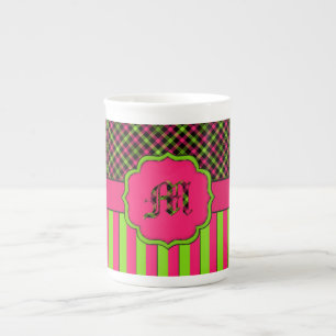 Tasse En Porcelaine Monogramme M Tartan Chine Mug, néon/rose