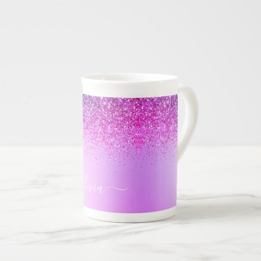 Tasse En Porcelaine Monogramme violet Parties scintillant Étincelante (Devant droit)