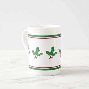 Tasse En Porcelaine Motif Baies de Houx, Garniture Rouge et Verte